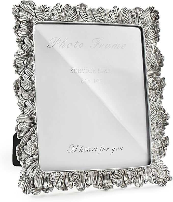 Cuspin Silver 8x10 Picture Frame, Vintage Silver Ornate Palm Leaves Textured Hand-Crafted Resin with Glass Front, Elegant Retro Design Photo Frame for Wall Hanging and Tabletop Display Home Decor