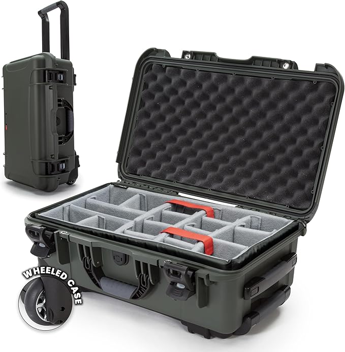 NANUK 935 Hard Case with Padded Divider – Waterproof Equipment Case with Wheels, 22” x 14” x 9” – Dustproof and Impact Resistant, Airline Carry-On Approved – Olive