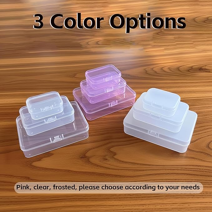 LJY 28-Piece Pink Clear Plastic Storage Containers, 3 Sizes, Stackable Box Organizer for Hardware, Screws, Jewelry Making, Nail Art & Gems, Translucent Pink