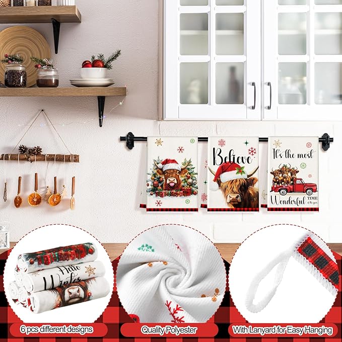 Preboun 6 Pcs Christmas Kitchen Towels Highland Cow Decorative Hand Towels Red Black Plaid Hello Winter Merry Christmas Dish Cloth Farmhouse Tea Cloth Kitchen Accessories Bathroom Decor