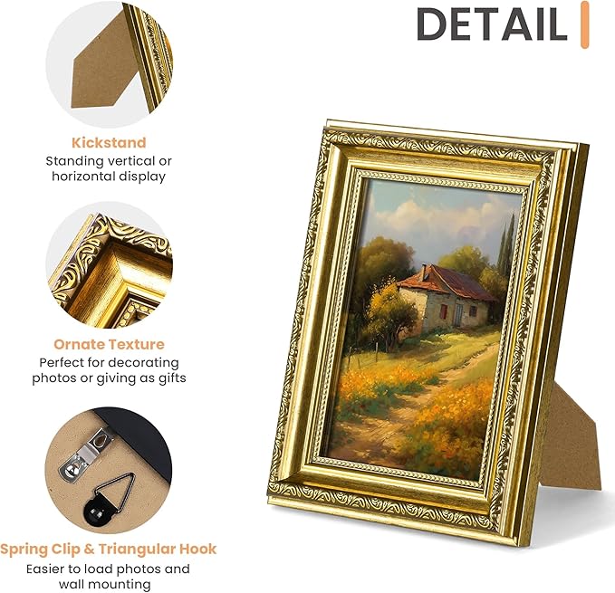 upsimples 5x7 Picture Frame with Real Glass, Ornate Vintage 5 x 7 Photo Frames for Wall Decor or Tabletop Display, Gold, 2 Pack