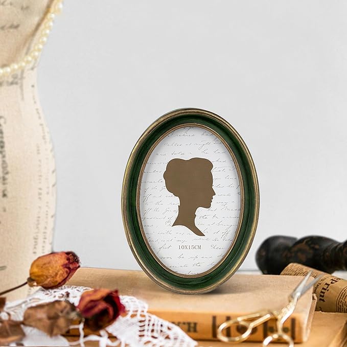 AELS 4x6 Inch Vintage Picture Frame, Elegant Antique Photo Frames with Glass Front, Photo Display, Tabletop Wall Hanging, Gift Ideas, Green Oval with Gold Trim