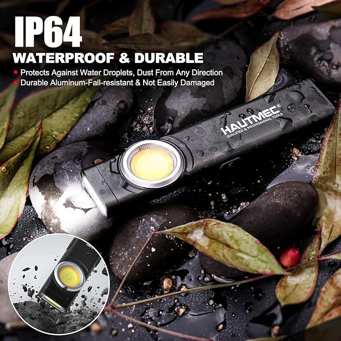 HAUTMEC Slim Flat Flashlight Rechargeable Work Light with USB-C Fast Charging, Pocket Flashlight with Clip, Dual Light, Magnetic Base, 500LM Aluminum LED Torch IP64 Waterproof & Drop-Resistant