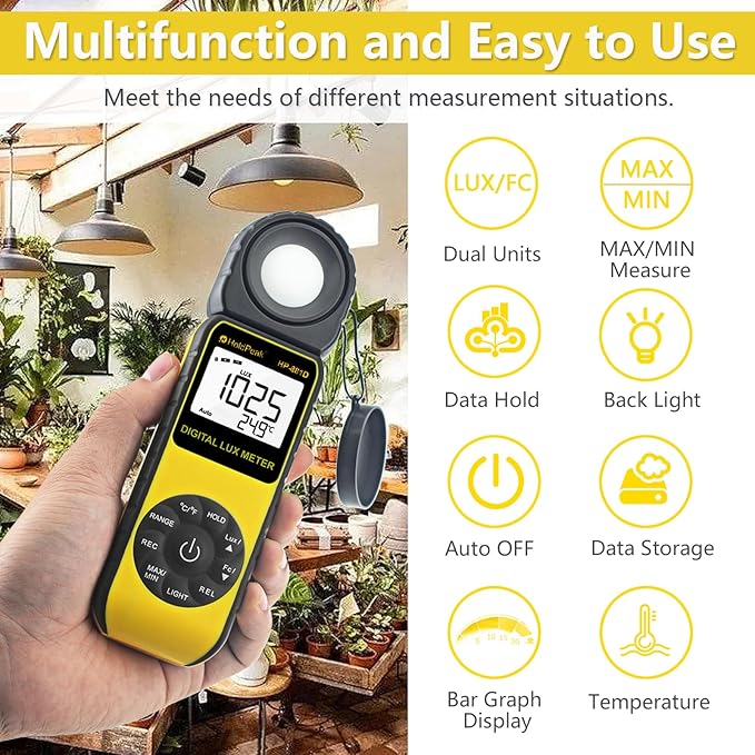HOLDPEAK 881D Illuminance Light Meter, Digital Lux Foot Candles Meter 0.1~400,000 Lux (0.1~40,000 FC) with 270º Rotatable Detector, Par Meter Luxmeter for Plants LED Lights Indoor Outdoor Light Tester
