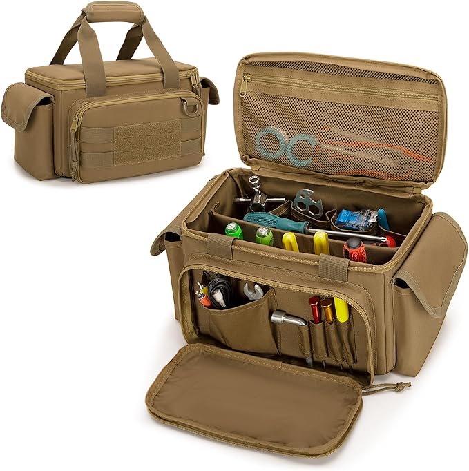 Small Tool Bag with Anti-friction and Thick Padded Bottom, Tool Storage Organizer for Men, Tactical Bag, Range Bag, Multi-functional Work Tote for Repairman, Electrician, Carpenters (Khaki)