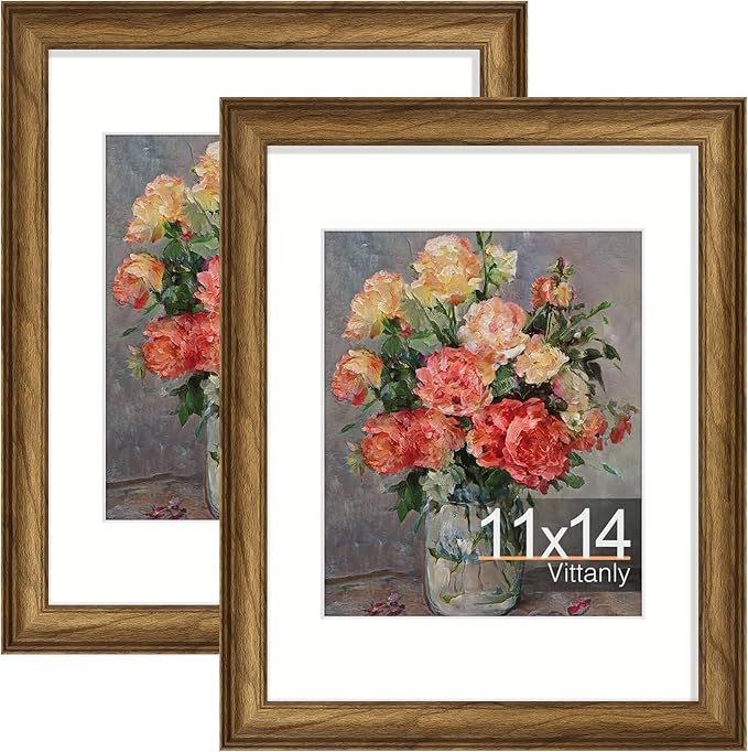 Vittanly 11x14 Picture Frames Set of 2, Ornate Vintage Photo Frame for Wall or Tabletop, Display 8x10 Pictures with Mat or 11x14 without Mat, Walnut