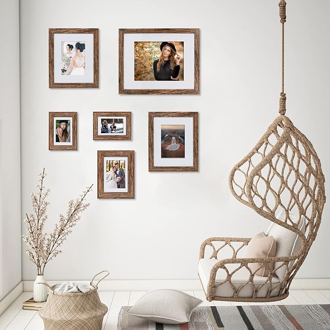 5x7 Picture Frame Set of 4, Made of Real Glass and Rustic Brown Wooden Frame, 5 by 7 Photo for Wall or Tabletop - Display Picture 4x6 with Mat or 5x7 Without Mat