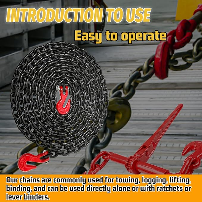 1/4" Tow Chain-G80 Transport Safety Chain with G70 Clevis Grab Hook for Towing|16FT Log Chains Wll 3300 Lbs|Heavy Duty Chain for Trailer Truck Tie Down Binding Equipment(Oiled Black)