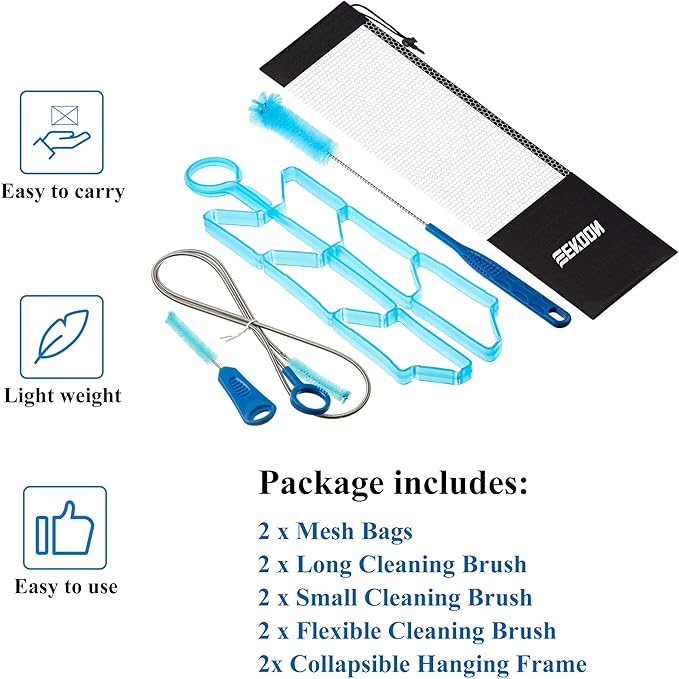 Feekoon Reservoirs Backpack Accessories Hydration Bladder Cleaning Kit with Flexible Long Brush for Hose, Small Bite Valve and Big Brush, Drying Collapsible Bladder Frame, Carrying Pouch