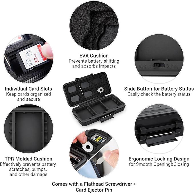 JJC Camera Battery SD Card Case for 3 Camera Batteries, 6 SD/5 CFexpress Type A/6 CFexpress Type B or XQD Cards, Water-Resistant & Shockproof DSLR Battery Holder for Canon LP-E6 Sony NP-FZ100
