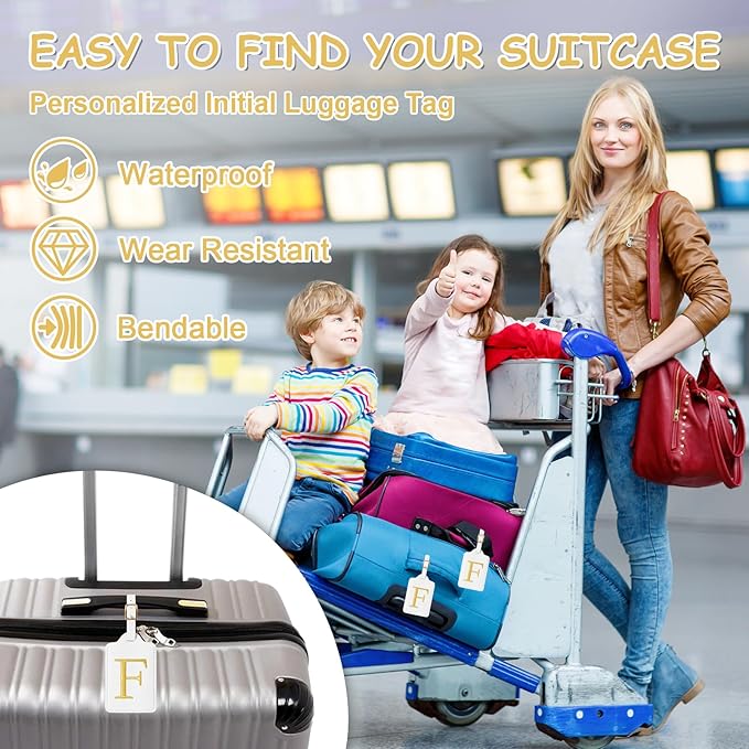 Initial Letter Luggage Tags for Suitcases, Embroidered Monogrammed Suitcase Luggage Identifier Name Tag, PU Leather TSA Approved Luggage Tags, Bag Tags for Men Women Kids Luggage Handbags(White F)