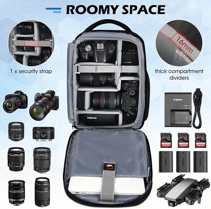 RAINSMORE Camera Bag Professional DSLR SLR Mirrorless Photography Camera Backpack 15.6 Inch Waterproof Camera Case With Tripod Holder&Laptop Compartment for Canon Nikon Sony for Photographers Black