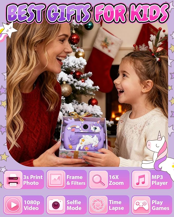 Kids Camera Instant Print, 1080P Kids Instant Cameras with Photo Printing and Fun Learning, Christmas Stuffers Birthday Gifts for Girls Age 3-12, Portable Toy for 3 4 5 6 7 8 9 10 Girls Boys, Purple