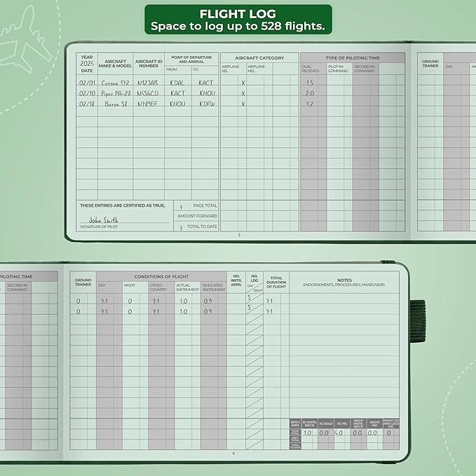Clever Fox Pilot Logbook – Hardcover Flight Log Journal for Professional & Student Pilots – Aircraft Record Book, Aviation Gifts & Gear (Radar Green)