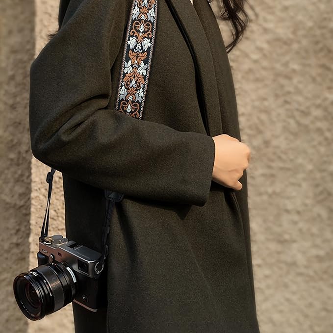 Padwa Lifestyle Camera Strap - 2" Wide Vintage Jacquard Embroidery Brown Flower Camera Straps with Genuine Leather Head,Adjustable Neck Shoulder Strap for All Cameras and Men & Women Photographers