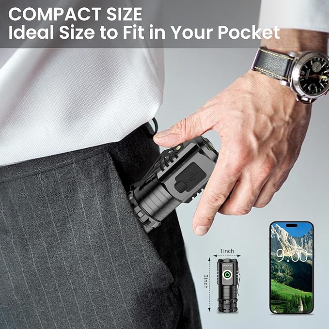 LED Mini Flashlight with Magnet,Super Bright Small Pocket Flashlight,5 Modes USB C Rechargeable, IPX6 Magnetic Flashlight for EDC Camping Outdoor.