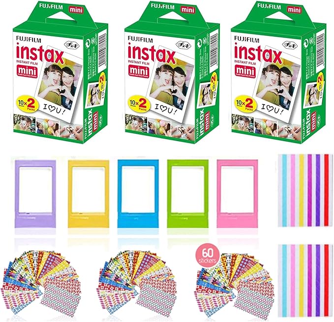 Fujifilm Instax Mini Instant Film (3 Pack, 60 Sheets) 5 Plastic Desk Frames, 60 Sticker Frames, 10 Hanging Creative Frames, 1 Pack Corner Stickers.