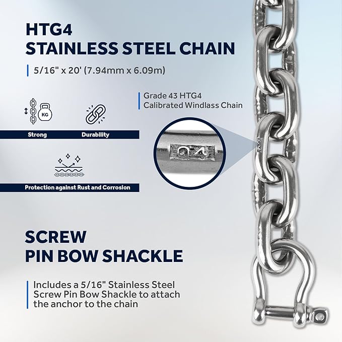 Five Oceans Windlass Anchor Rode, Hand-Spliced Anchor Rope and Chain Combination Kit, Nylon 3-Strand Rope, HT G4 Stainless Steel Chain for Boat Anchor System - Multiple Sizes