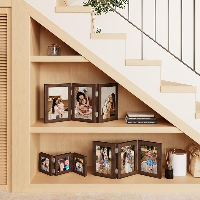 decorUhome Triple 7x5 Picture Frame Horizontal, Engineered Wood Trifold Photo Frame with Plexiglass for Tabletop Display, 7x5, Brown