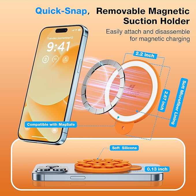 Magnetic Suction Cup Phone Mount with MagSafe, Silicone Hands-Free Grip Holder for iPhone Case and Android, Mirror Shower Phone Stand for Makeup FaceTime Gym Kitchen Bathroom, Orange