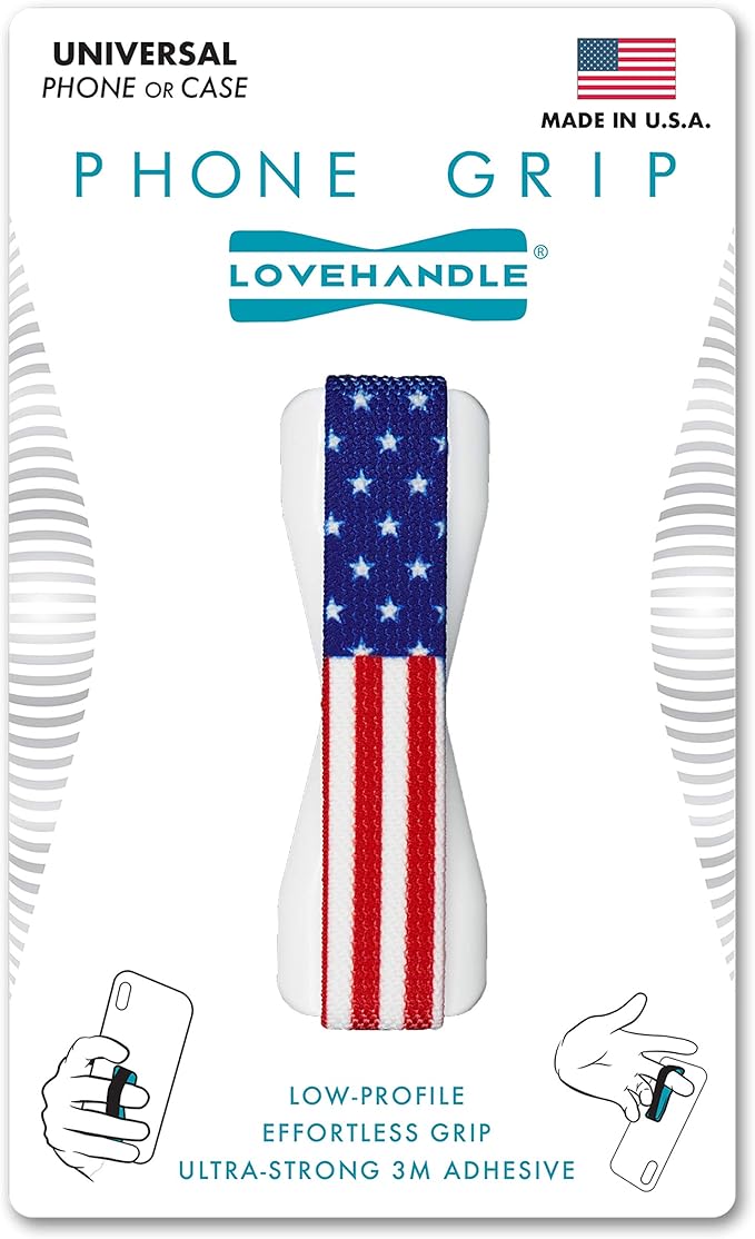 LoveHandle Universal Phone Grip for Most Smartphones, Mini Tablets and Cases, USA Flag Colored Elastic Strap with White Base, LH-01USAFlagWhite