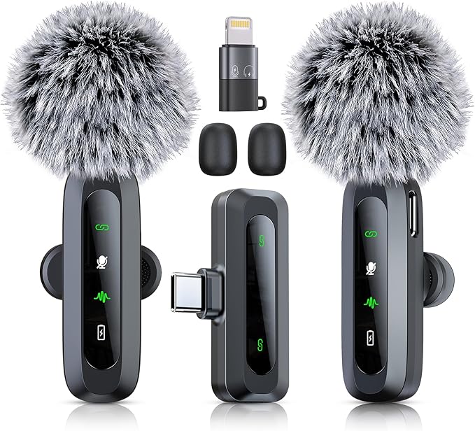 2 Pack Wireless Lavalier Microphone for iPhone 15 16, iOS and Android Phone, USB C Mini Microphone LED Display Clip on Mic for Video Recording TikTok YouTube Vlog