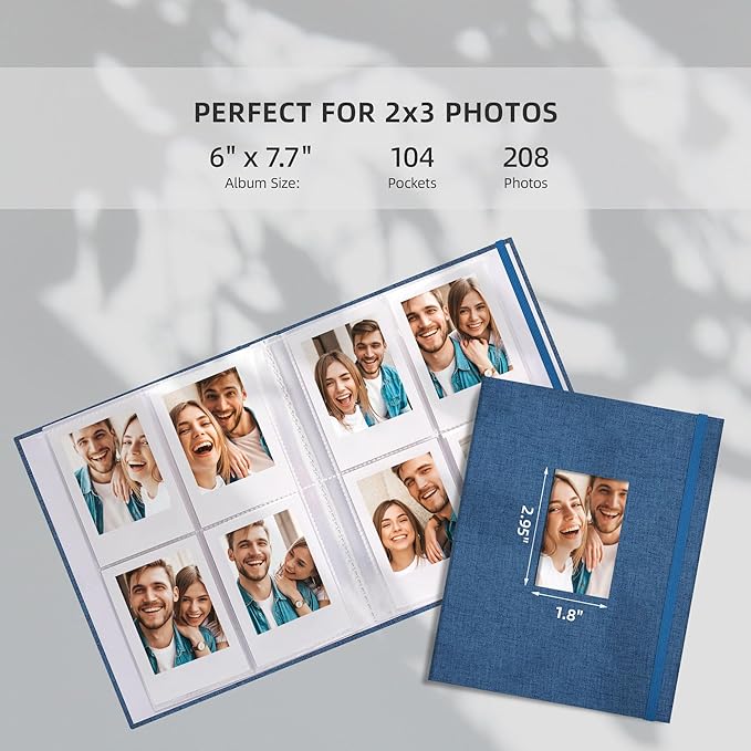 Vienrose Mini Polaroid Photo Album Book 208 Photos 2x3 Inch Pictures for Fujifilm Instax Mini 7s 8 9 11 25 26 40 50s 90 Evo Z2300 Instant Camera, Polaroid Snap Blue 1 Pack