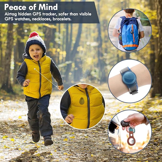 4 Pack Airtag Holder for Kids Hidden,GPS Tracker Case, Anti-Removal Airtag Silicone Case with Pins, Suitable for Children, Elderly, Pets, Backpack, Luggage (White & Black & Navy Blue & Pink, 4 Pack)