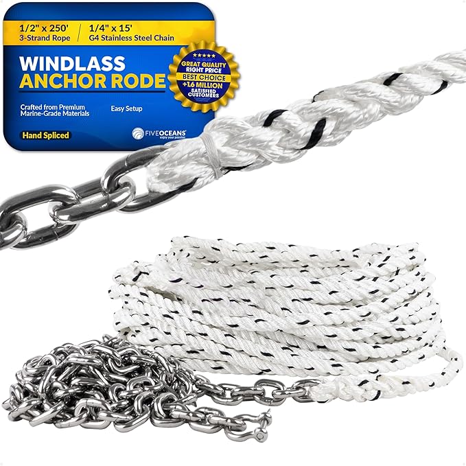 Five Oceans Windlass Anchor Rode, Hand-Spliced Anchor Rope and Chain Combination Kit, Nylon 3-Strand Rope, HT G4 Stainless Steel Chain for Boat Anchor System - Multiple Sizes