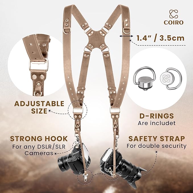 C Coiro Camera Harness for 2 Cameras Dual Shoulder Leather Camera Strap for DSLR/SLR, Camera Straps for Photographers