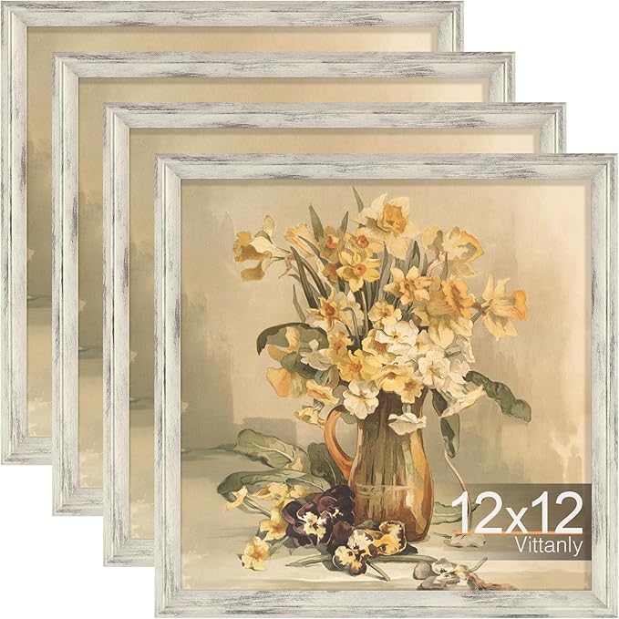 Vittanly 12x12 Picture Frame Set of 4, Vintage Photo Frame for Wall or Tabletop, Display 8x8 Pictures with Mat or 12x12 without Mat, Rustic Farmhouse Home Decor, Distressed White