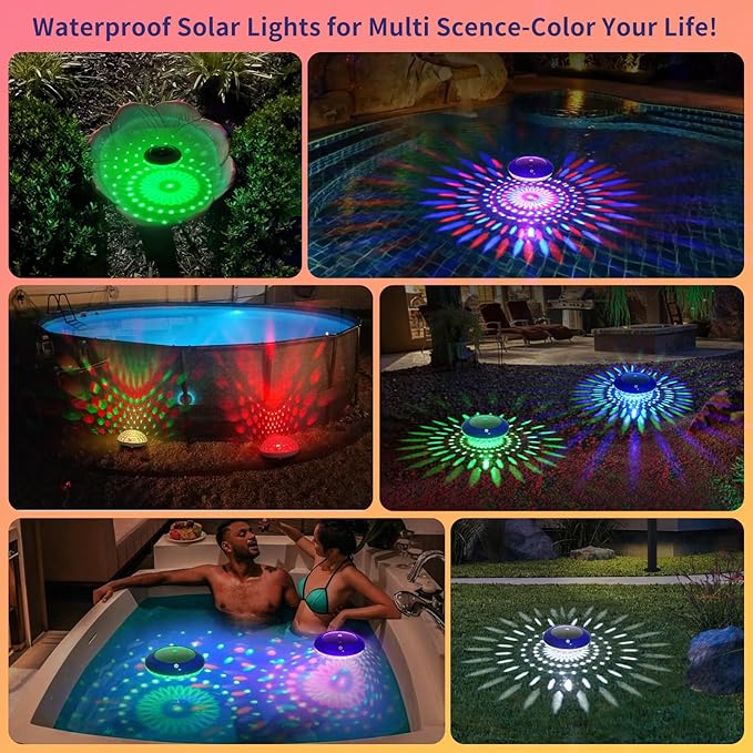 FirstE Solar Floating Pool Lights, RGB Color Changing Pool Floating Light, IP68 Waterproof LED Solar Pool Lights That Float, Hangable Auto ON Off for Above In Ground Pools Wedding Party Decoration (4)