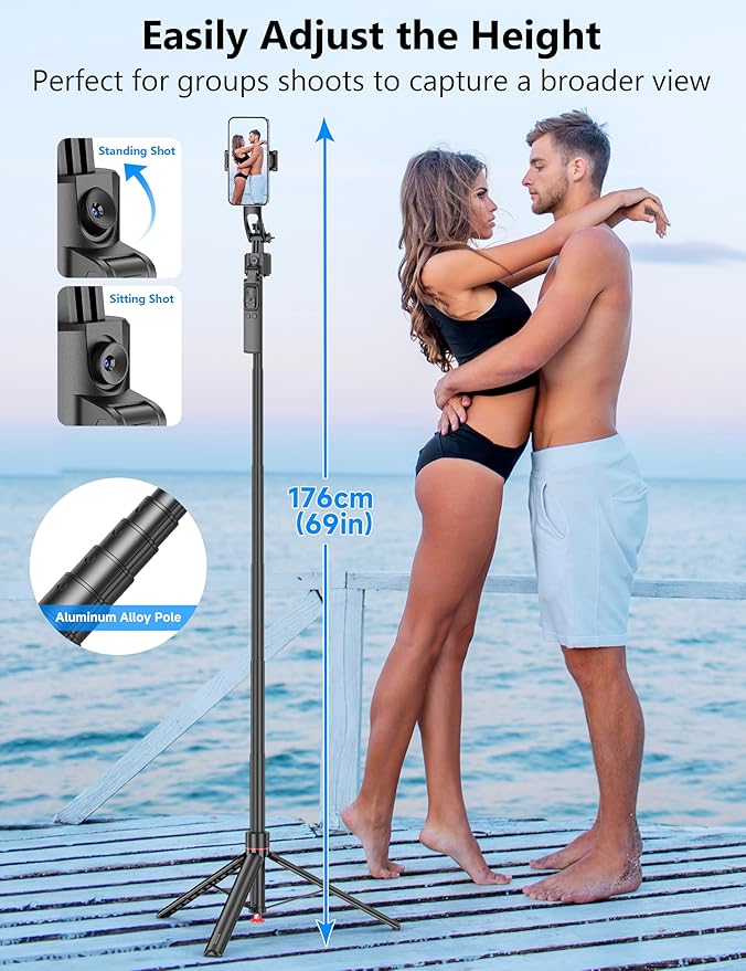69'' Auto Face Tracking Selfie Stick Tripod Stand, Automatic Phone Tripod, Auto-Open Travel Tripods for iPhone/Cell Phone with Remote, Gesture Control, No App, Built-in AI Camera for Vlog Recording TK