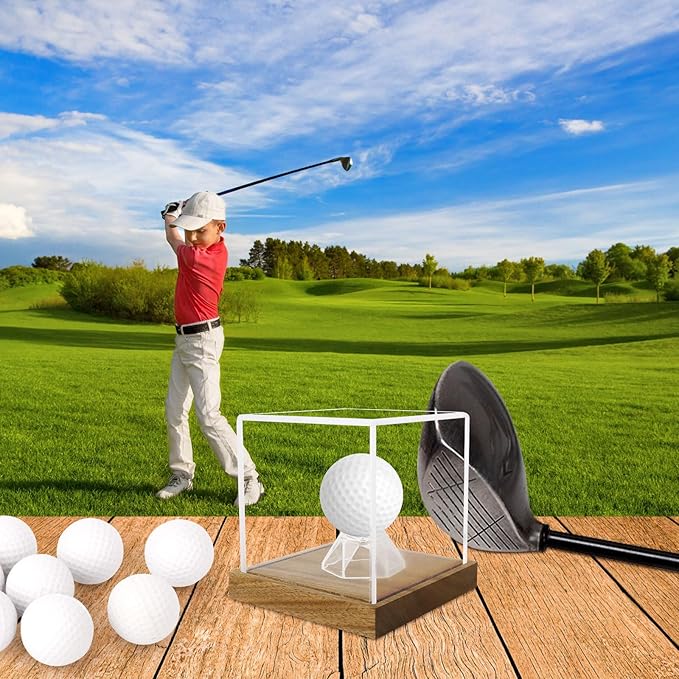 Clear Acrylic Golf Ball Display Case with Wood Base & Acrylic Holder, Memorabilia Stand Cube Holder, Dust Protection Transparent Storage Box for Single Ball Souvenir Golfball Collections