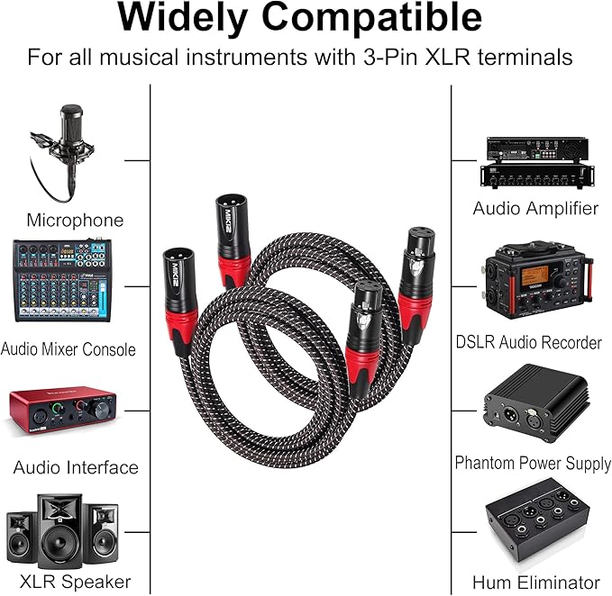 6ft XLR Cables Braided 2 Pack Red Color Coded, Premium XLR Patch Cables Short for Microphone DJ Anti-tangling