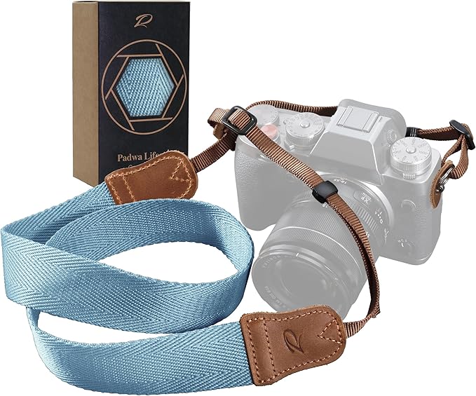 Padwa Lifestyle Light Blue Camera Strap - Double Layer top-grain Cowhide Ends,1.5"Wide Pure Cotton Woven Camera Straps,Adjustable Neck Shoulder Strap for All DSLR Cameras,Great Gift for Photographers