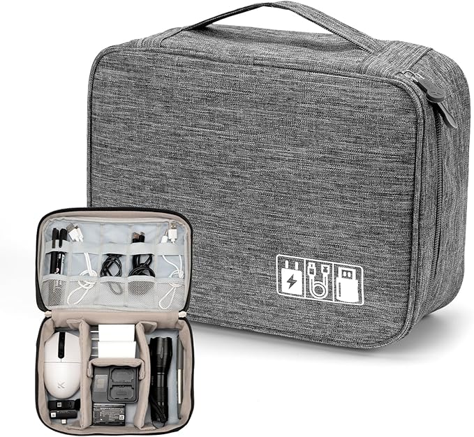 Cable Organizer bag for women or men,Electronic Accessories Carry Case Portable Waterproof Double Layers All-in-One Storage Bag for Cord, Charger, Phone, Earphone (Grey)