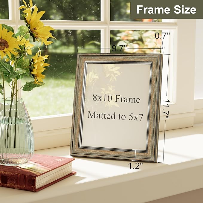 Vittanly 8x10 Picture Frame Set of 4, Vintage Photo Frame for Wall or Tabletop, Display 5x7 Pictures with Mat or 8x10 without Mat, Rustic Farmhouse Home Decor, Vintage Green