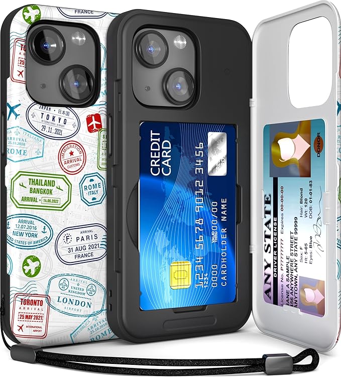 TORU for iPhone 15 Wallet Case with Card Holder, Hidden ID Credit Card Slot Flip Kickstand, Slim Fit Shockproof Heavy Duty Phone Cover with Strap - Travel Stamps Pattern