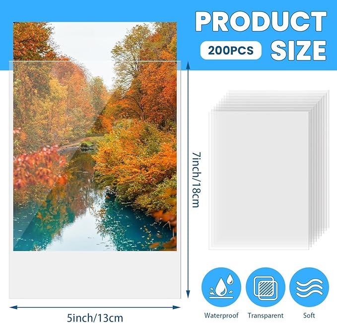 VOKOY 200 Pack 5x7 Photo Sleeves, No Holes Archival Quality Sheet Protectors Clear Top Loading Page Protectors Waterproof Soft Plastic Sleeve for Photos Postcards Pictures Art Prints Recipe Cards