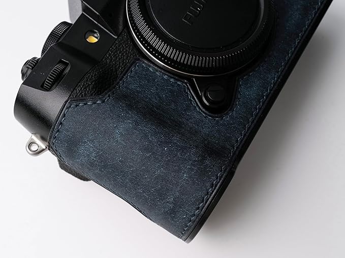 handmade Genuine Leather Camera Half Case for Fujifilm X-T50 - Top Layer Cowhide Body + Metal Base Plate - Hand Shank Free Design (Dark Blue)