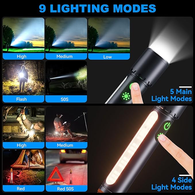 Magnetic Flashlight Rechargeable,2000LM 5000mAh Flashlights High Lumens with 9 Modes,Waterproof, Adjustable,Powerful Flash Light,Multi-Flashlights for Home,Car,Hiking,Camping (2, Black)