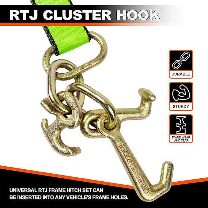 2" x 8' Strap w/RTJ Cluster Hook,4 Pack,Recovery Winch Strap,Replacement Automatic Tie Down Strap for Tow Trucks,Vehicle Wrecker tie Down Straps for Towing