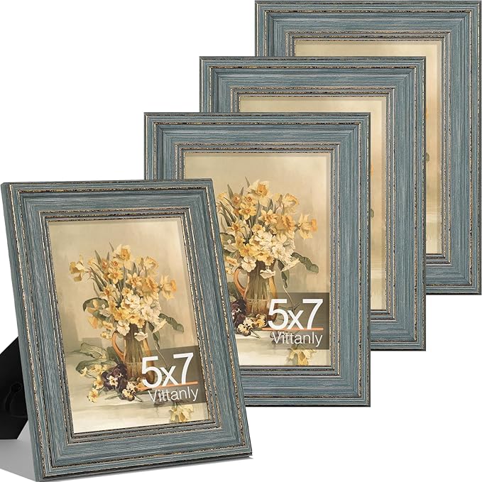 Vittanly 5x7 Picture Frame Set of 4, Vintage Photo Frame for Wall or Tabletop, Display 5x7 Pictures, Rustic Farmhouse Home Decor, Vintage Blue