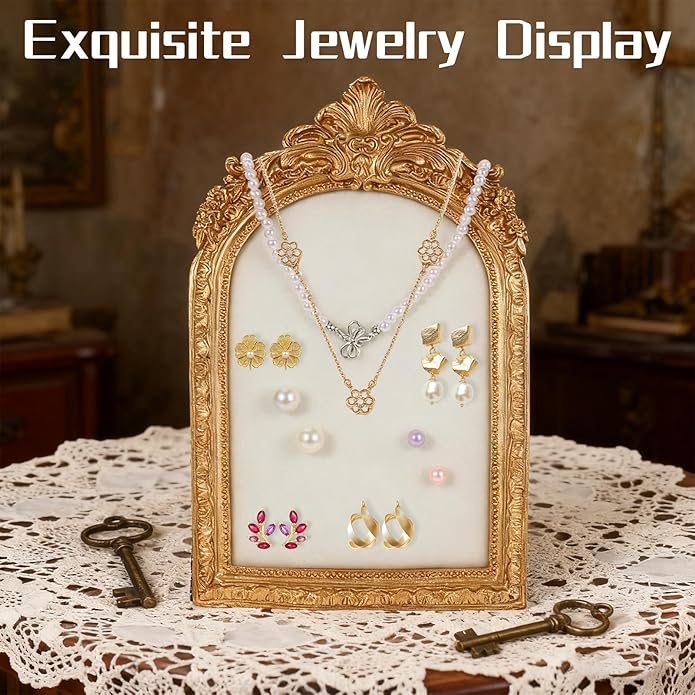 2 Pcs Gold Jewelry Stand, Vintage Photo Frame Earring Holder, Resin Jewelry Display Stand, Lined with Soft Velvet, Necklace Storage Box, Suitable for Women As Gifts for Birthdays, Holidays
