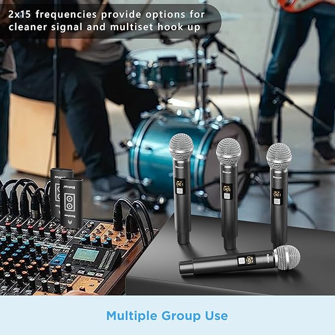 Bietrun Wireless Microphone, UHF Dual Handheld Cordless Dynamic Metal Mic Set with Rechargeable Receiver, 1/4'' Plug Output, for Karaoke, Church, Wedding, Party Singing(98 ft Range)(Auto Connect)