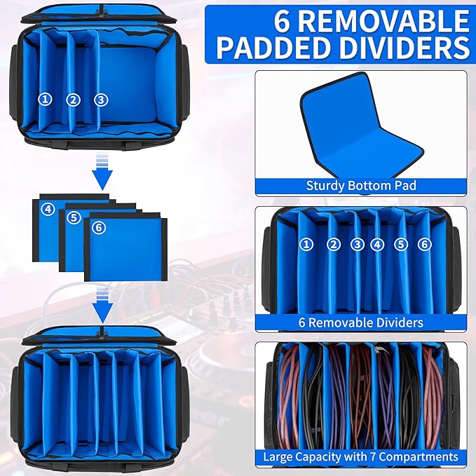 Cable File Bag With Adjustable Dividers Dj Gig Bag for Cables, Cords,DJ Gear,Sound Instrument and Accessories 16L x 11W x 12H inch, Blue