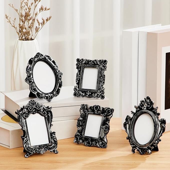 Maitys 15 Pcs Mini Picture Vintage Frames with Stands Tiny Antique Photo Baroque Ornate Resin Oval Frame Table Top Display Home Wedding Decor (Black Silver)