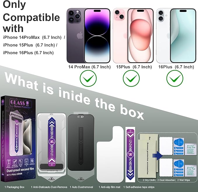 SHANG PIN JIA 2 Pack Matte Privacy Screen Protector for iPhone 16 Plus and iPhone 15 Plus and iPhone 14 Pro Max 6.7-Inch Auto Dust Removal, No Bubbles,Anti-Spy Tempered Glass Film, Easy Installation