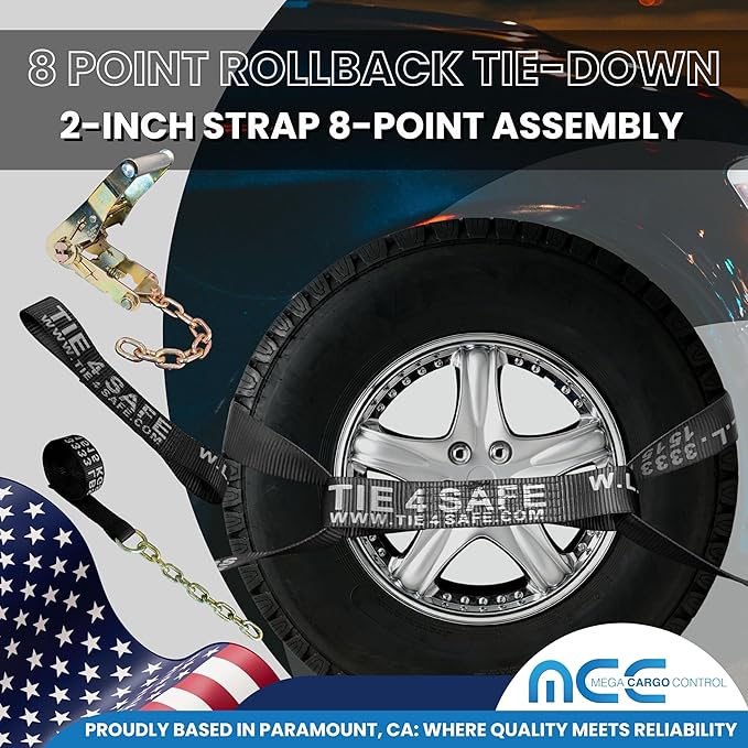 Mega Cargo Control Black Heavy Duty 8 Point Tie Down RollBack Tow Set with Ratchet Chain Extension and Black Sleeve Protectors